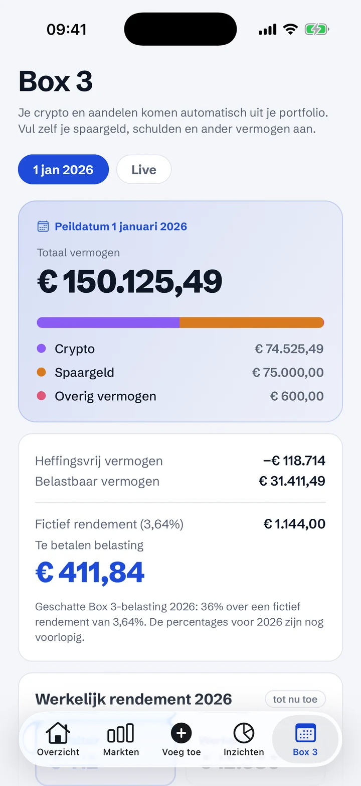 Het Box 3-scherm van de belegd-app met peildatum en te betalen belasting