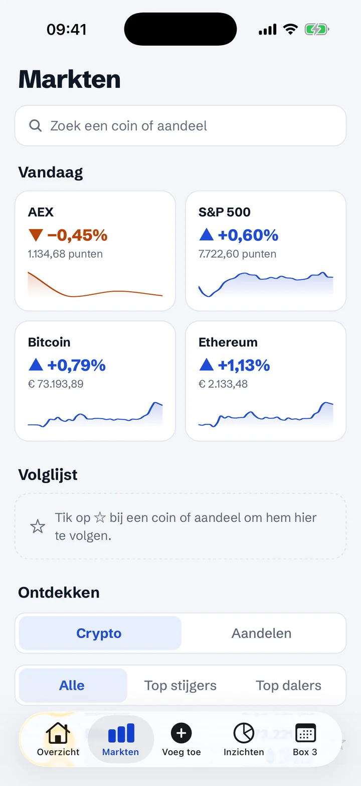 Het Markten-scherm van de belegd-app met live koersen