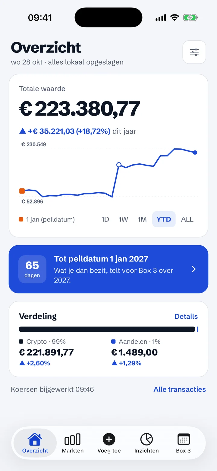 Het Portfolio-scherm van de belegd-app: totale waarde, koersgrafiek en je posities