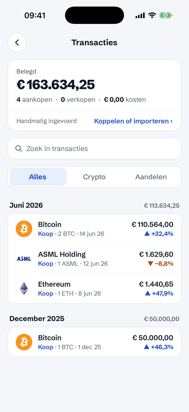 Het Transacties-scherm van de belegd-app